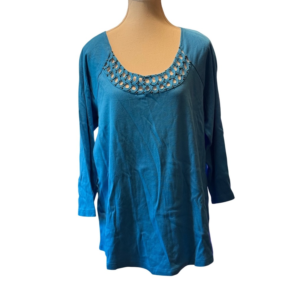 Rafaella Woman 2X‎ Blue Knit Top Embellished Neckline 3/4 Sleeve Plus Size